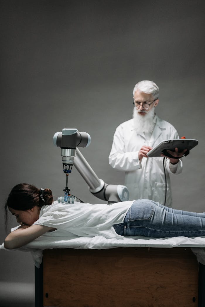 A scientist uses a robotic device for advanced therapy on a woman in a lab setting.
