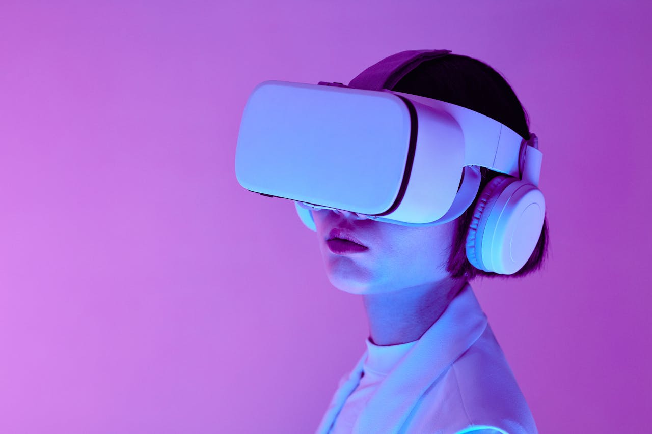 Home Woman explores virtual reality with VR goggles in modern studio light.